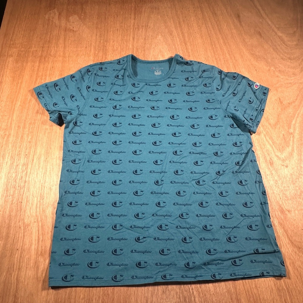 Champion All Over Logo Print T Shirt Mens 2XL Dark Teal Cotton Short Sleeve